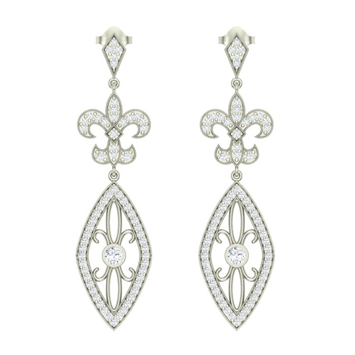14K WHITE GOLD MILGRAIN FLEUR-DE-LIS MILGRAIN EARRINGS